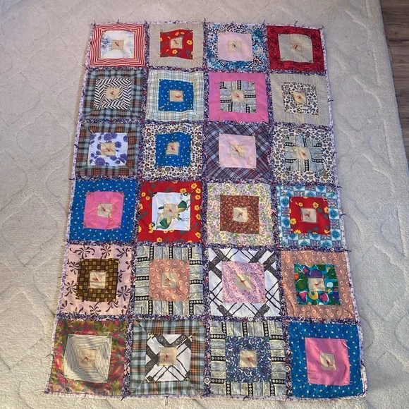 Handmade Vintage Square Tie Quilt 53 x 35 Inches - Picture 2 of 15